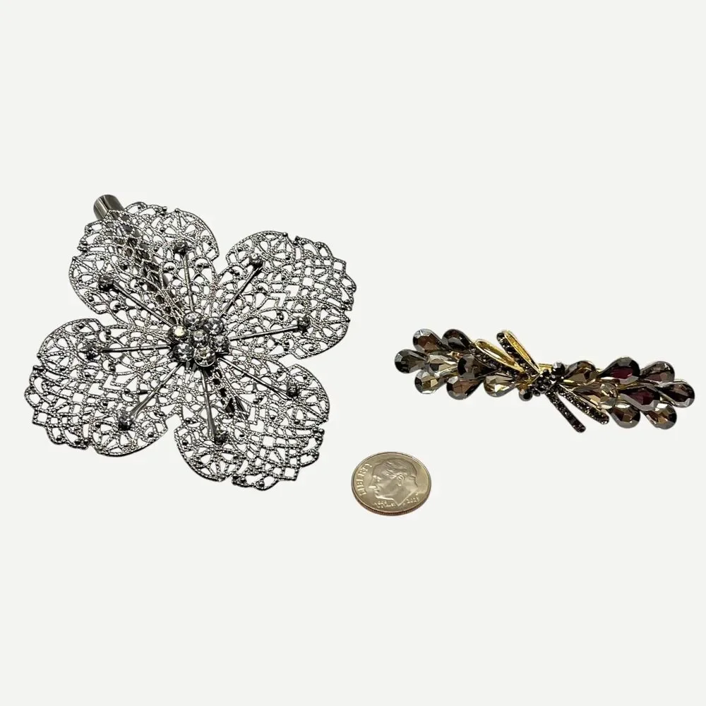 Vtg Retro Hair Barrettes Clip Claw Pin Rhinestone Dragonfly Snowflake Flower Lot